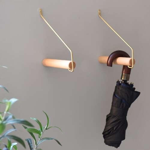 Set of 2 shops - Japanese exquisite wall clothes hook hanger brass solid wood clothes rail bedroom clothes rail