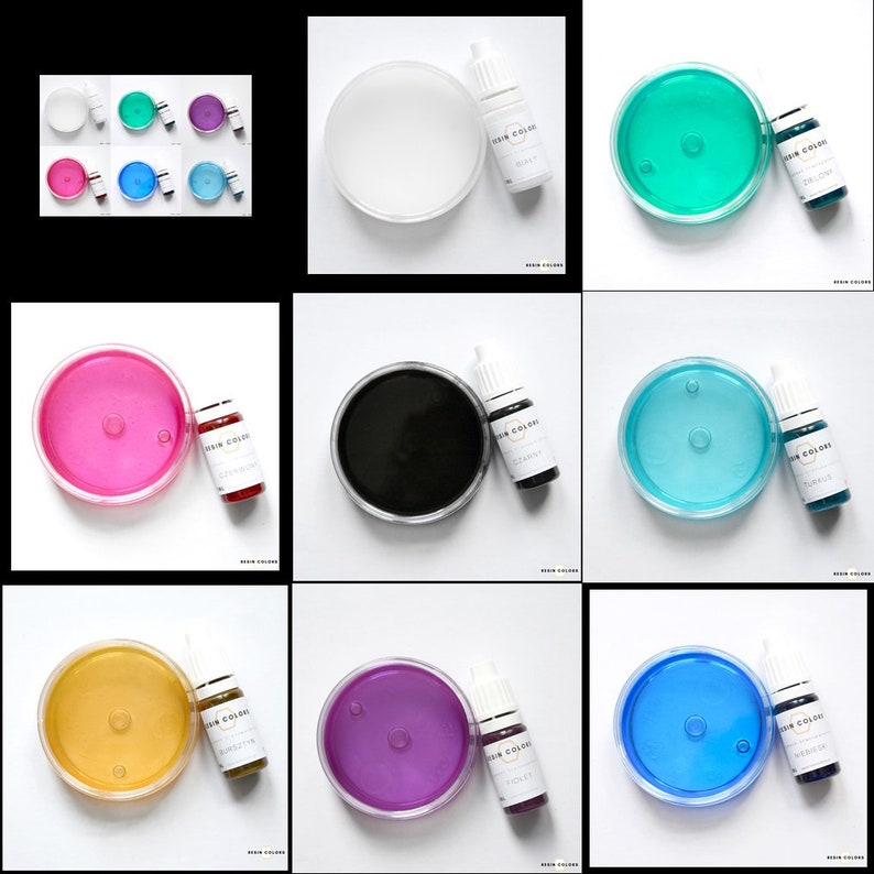 May include: A collection of resin colors in various shades, including white, green, pink, black, blue, yellow, and purple. Each color is displayed in a clear, round container alongside a small bottle of resin dye. The bottles are labeled with the color names.
