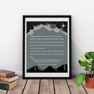 May include: A black and white illustration of a mountain range with a single star shining above. The text reads "There, peeping among the cloud-wrack above a dark tor high up in the mountains... There was light and high beauty forever beyond it's reach." - J.R.R. Tolkien, The Return of the King.
