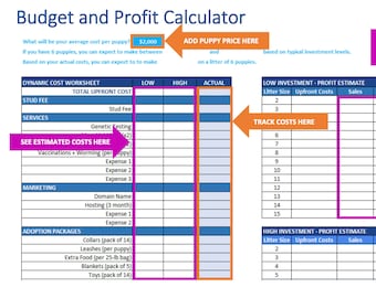 May include: A blue and orange budget and profit calculator spreadsheet for tracking puppy breeding expenses and income. The spreadsheet includes sections for dynamic cost worksheet, low investment profit estimate, and high investment profit estimate.