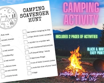 Camping Scavenger Hunt- PDF Print (2 sheets) (Suitable for any camping trip in the U.S.)