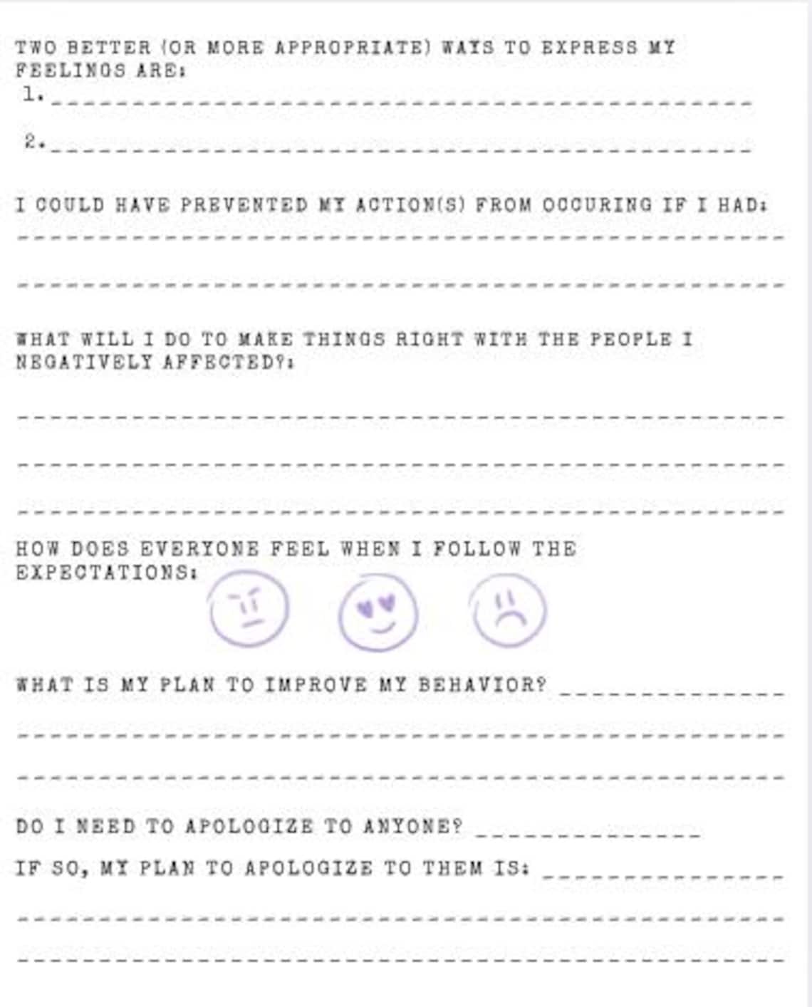 Behavior Reflection Sheet | Behavior Think Sheet- for Kids, Children ...