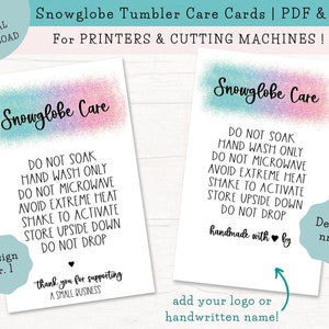 Snowglobe Tumbler Care Cards customizable, Snowglobe Care Instructions, Ready to Print, Print and Cut, PDF & PNG