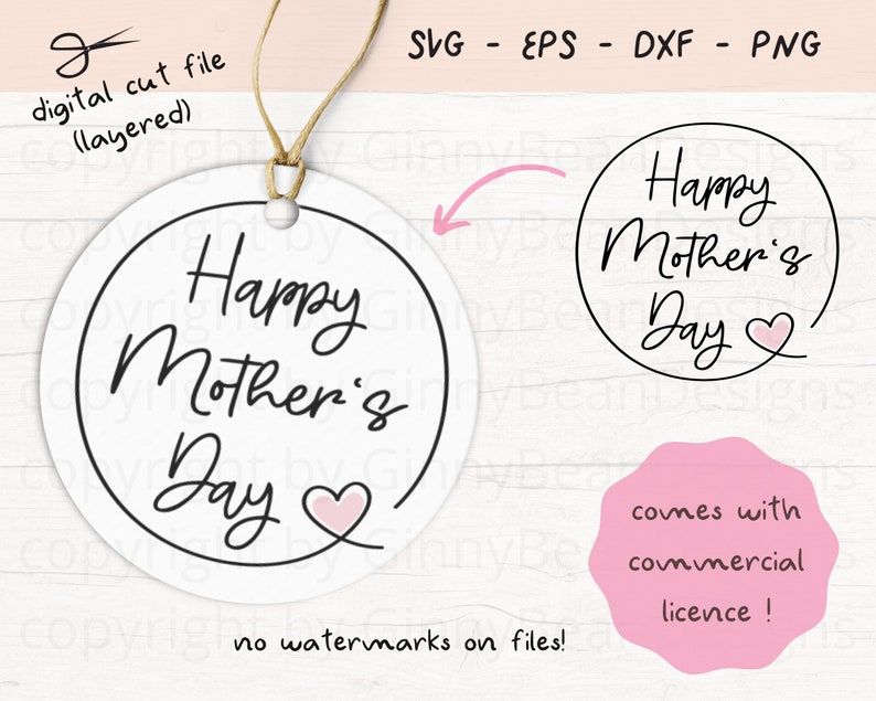 May include: A white circle with a black outline and the text "Happy Mother's Day" in black cursive script with a pink heart. The circle is on a white background with a pink and white checkered pattern.