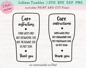 Curved Tumbler Care Card SVG, Lidless Tumbler Care Instructions, Print and Cut PNG, Vinyl Cup Care Cards, Digital Download Svg Dxf Eps Png
