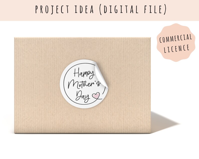 May include: A white round sticker with the text "Happy Mother's Day" in black script with a small pink heart. The sticker is on a brown package.