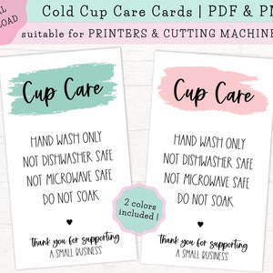 Printable Cold Cup Care Cards, Tumbler Care Card, Pastel Cup Care Instructions, Rectangular Care Card, Ready to Print PDF, Print and Cut PNG