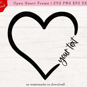 May include: Black and white open heart frame with the text "your text" inside. The heart frame is on a white wood background.