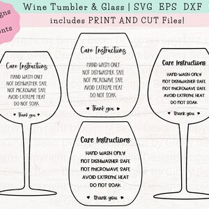 May include: Four black and white wine glass designs with care instructions text. The text reads: "Hand wash only, Not dishwasher safe, Not microwave safe, Avoid extreme heat, Do not soak, Thank you".