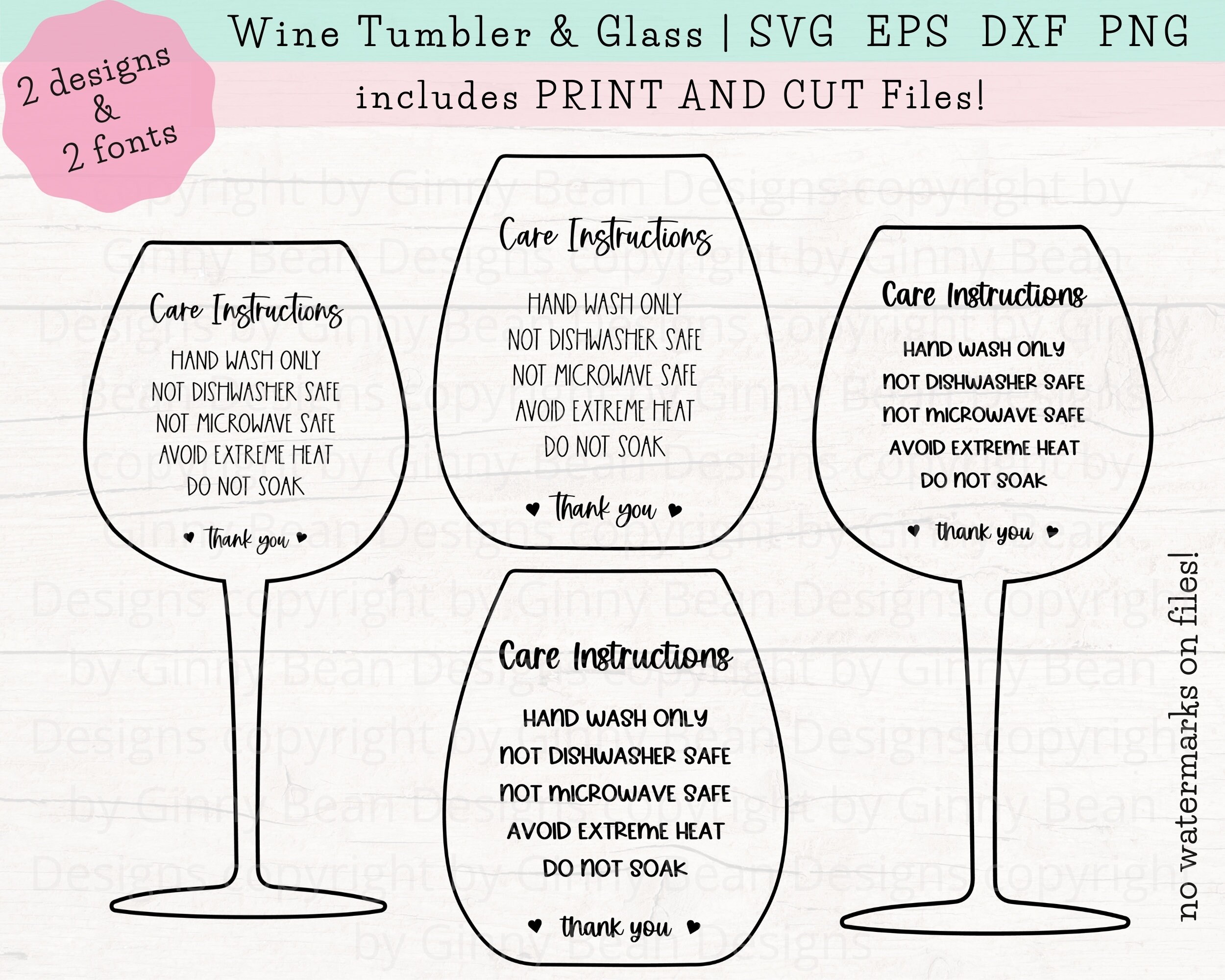 Wine Tumbler Care Cards, Stemless Wine Glass Washing Instructions ...