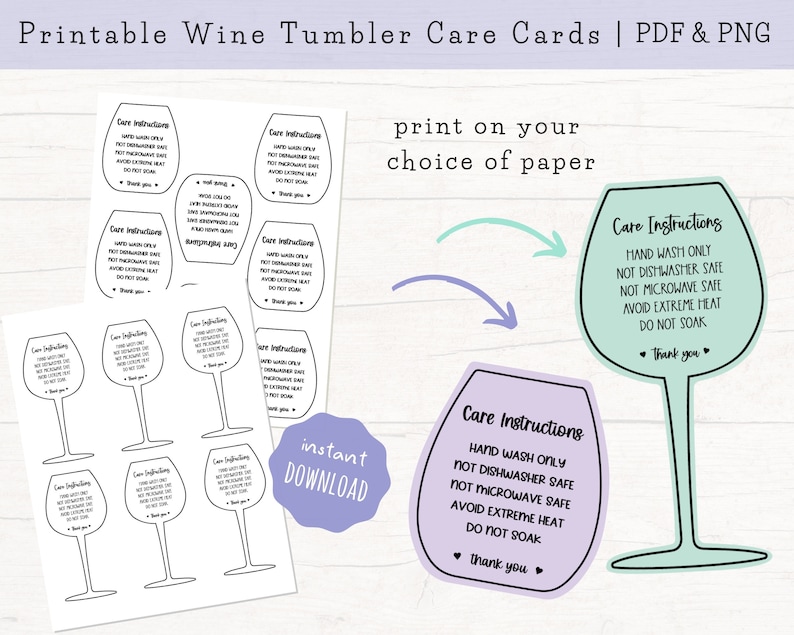 Printable Wine Glass Care Cards, Wine Glass Care Instructions, Wine ...