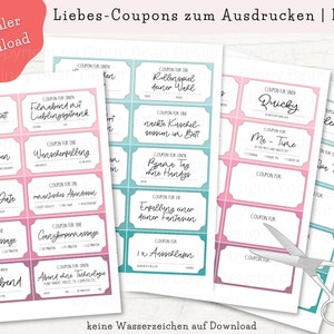 May include: A printable set of love coupons with a pink and blue gradient background. The coupons are for activities such as a movie night, a back massage, and a mystery date. The text on the coupons is in German.