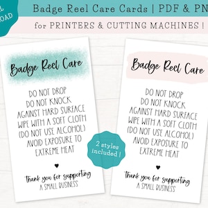 Badge Reel Care Cards, Badge Reel Care Instructions, Ready to Print, Print and Cut, Printable Care Cards, PNG & PDF Files, Instant Download