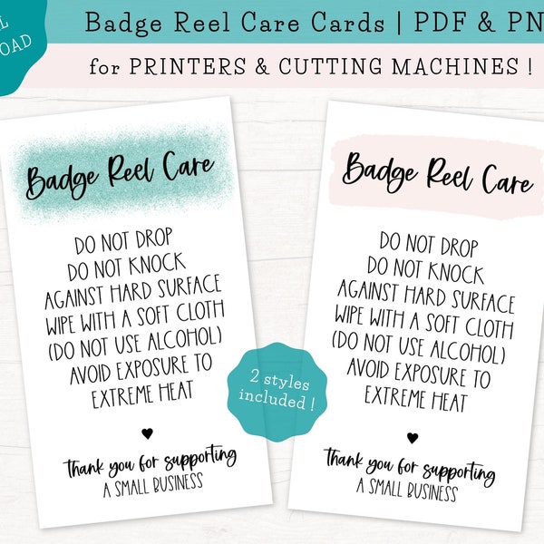 Badge Reel Care Cards, Badge Reel Care Instructions, Ready to Print, Print and Cut, Printable Care Cards, PNG & PDF Files, Instant Download