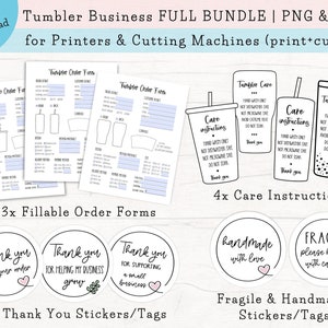 May include: A bundle of printable digital files for tumbler businesses. Includes fillable order forms, care instructions, and thank you stickers. The stickers have phrases like "Thank you for your order" and "handmade with love". The care instructions are in a cup shape.