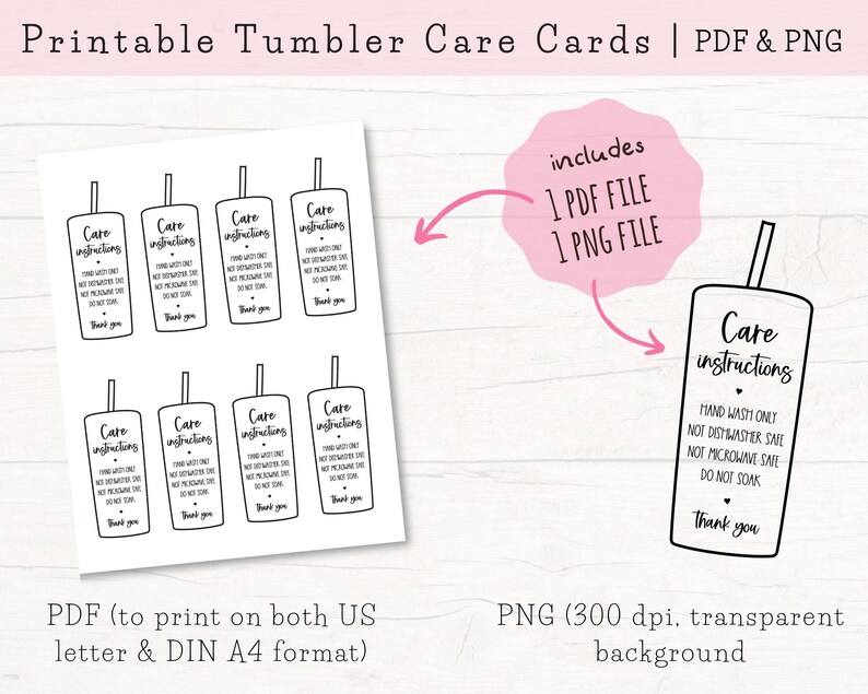 Printable Tumbler Care Cards, Skinny Tumbler Care Instructions, Cold Cup Care Cards, Cup Care Cards Download, PDF & PNG image 2