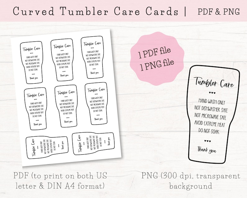 Printable Care Cards Bundle, Sublimation Tumbler Care Cards, Cup Care