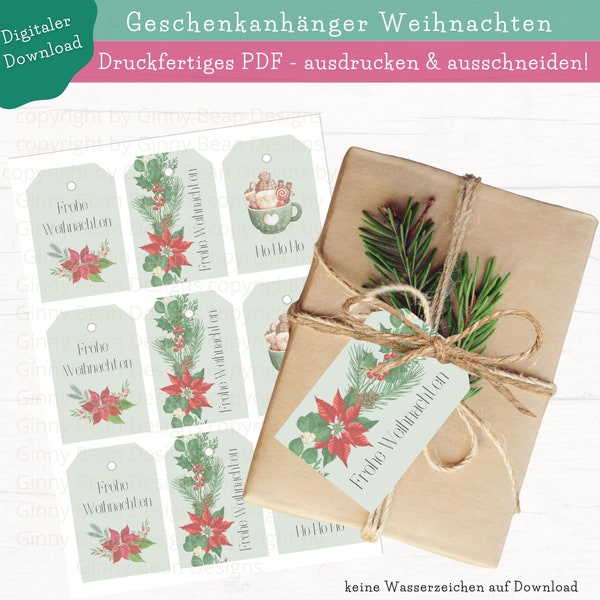 Geschenkanhänger Frohe Weihnachten deutsch, PDF zum ausdrucken und ausschneiden, DIN A4 Format