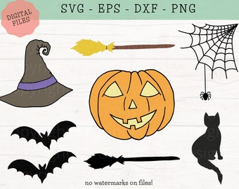 Hand drawn Halloween SVG Bundle, Halloween Clipart, Pumpkin SVG, Witch Hat Svg, Black Cat & Broomstick SVG, Spiderweb Svg, Svg Png Eps Dxf
