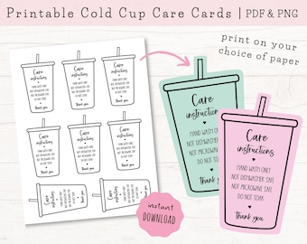 Cold Cup Care Instructions, Printable Cup Care Cards, Iced Tumbler Care, Vinyl Care Cards, Ready to Print, Digital Download PDF & PNG