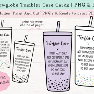 May include: Three printable tumbler care cards with a snowglobe design. The cards feature a white background with black text and colorful stars. The text on the cards reads "Tumbler Care" and includes instructions for hand washing, dishwasher safety, microwave safety, heat exposure, soaking, and dropping.