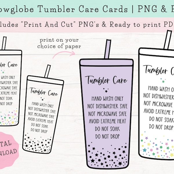 Snowglobe Tumbler Care Cards DOWNLOAD, Cold Cup Care Cards, Tumbler Care Instructions printable, Ready to Print, Print and Cut, PDF & PNG