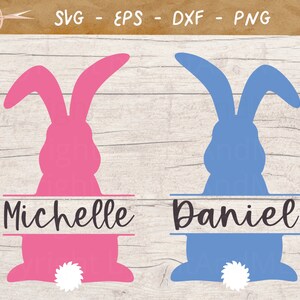 May include: Two Easter bunny silhouettes, one pink and one blue, with the names "Michelle" and "Daniel" written in a split monogram style.