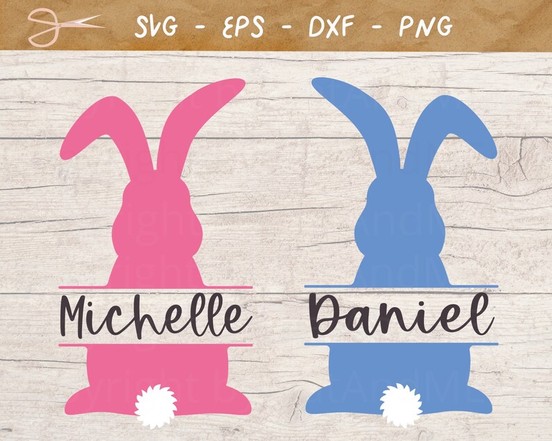 May include: Two Easter bunny silhouettes, one pink and one blue, with the names "Michelle" and "Daniel" written in a split monogram style.