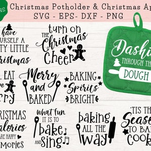May include: A set of 10 Christmas-themed potholders featuring various holiday-themed sayings and designs. The potholders are green with white stitching and feature black text and images. Some of the sayings include "Dashing Through the Dough", "Turn on the Christmas Cheer", and "Tis the Season to Bake Cookies".