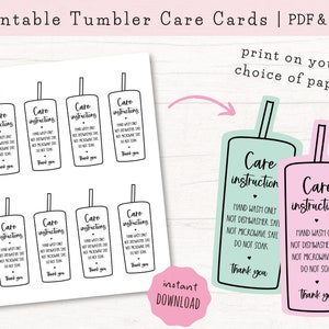 Printable Tumbler Care Cards, Skinny Tumbler Care Instructions, Cold Cup Care Cards, Cup Care Cards Download, PDF & PNG image 1