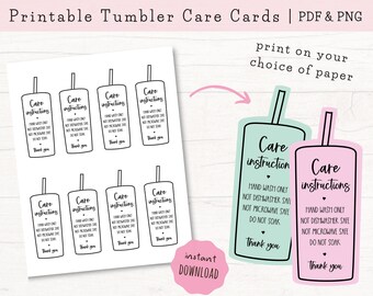 Printable Tumbler Care Cards, Skinny Tumbler Care Instructions, Cold Cup Care Cards, Cup Care Cards Download, PDF & PNG