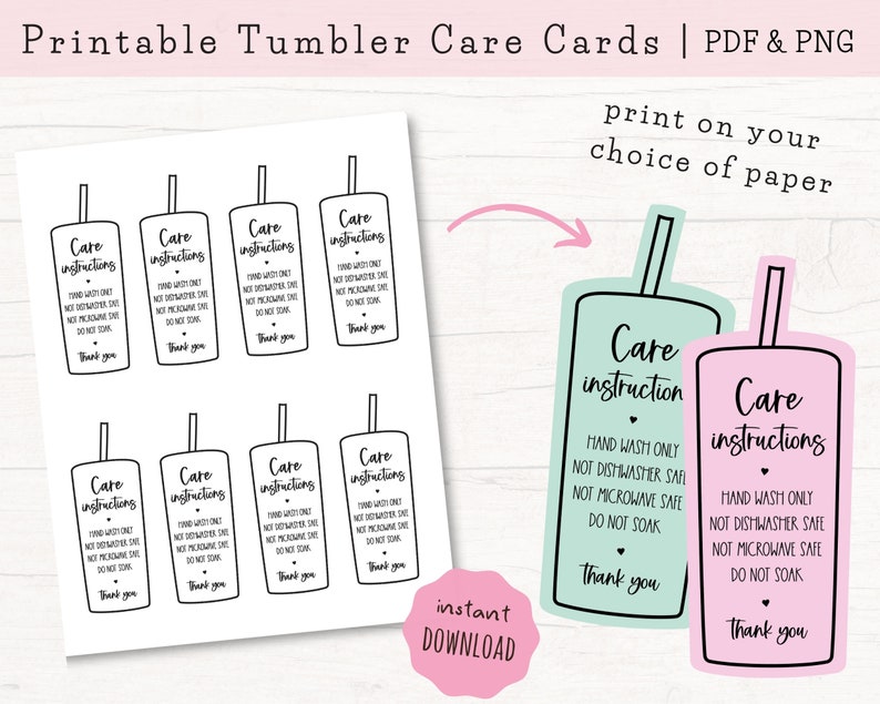 Printable Tumbler Care Cards, Skinny Tumbler Care Instructions, Cold Cup Care Cards, Cup Care Cards Download, PDF & PNG image 1