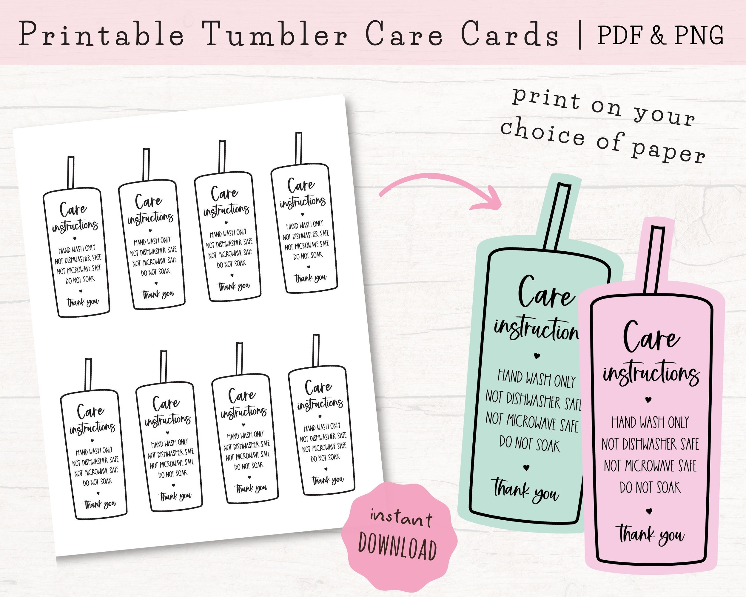 Printable Tumbler Care Cards, Skinny Tumbler Care Instructions, Cold Cup Care  Cards, Cup Care Cards Download, PDF & PNG 