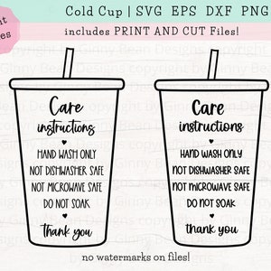 Cold Cup Care Card SVG, Tumbler Care Card SVG, Iced Tumbler Care Instructions SVG, Vinyl Cup Care Cards, Print and Cut Png