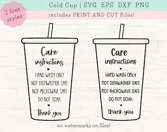 Cold Cup Care Card SVG, Tumbler Care Card SVG, Iced Tumbler Care Instructions SVG, Vinyl Cup Care Cards, Print and Cut Png