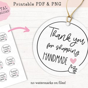 Thank You for Shopping Handmade Tags PRINTABLE, Tags for Handmade Items, Handmade Business Stickers PNG PDF, Small Business Tags round 2"x2"