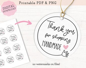 Thank You for Shopping Handmade Tags PRINTABLE, Tags for Handmade Items, Handmade Business Stickers PNG PDF, Small Business Tags round 2"x2"