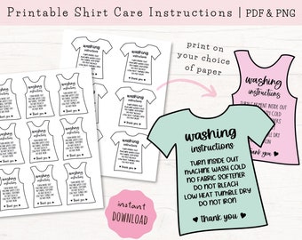 Shirt Care Cards PRINTABLE, Clothing Washing Instructions, T-Shirt Care Instructions, Garment Care, Apparel Care, Tank Top Sleeveless Shirt