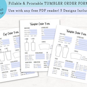Puede incluir: Tres formularios de pedido de vaso imprimibles con un fondo azul claro. Los formularios incluyen secciones para los detalles del pedido, los datos del cliente, el diseño, los métodos/materiales, el tamaño, el método de entrega, el método de pago y el total general. Los formularios están diseñados para su uso con un lector PDF gratuito.
