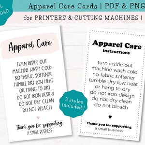 Apparel Care Cards, Washing Instructions, Shirt Washing Tags, Printable Care Tags, Garment Care Label, Ready to Print PDF, Print + Cut PNG