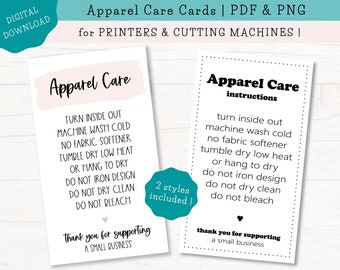 May include: Two printable apparel care instruction cards with a pink and white background. The text on the cards reads "Apparel Care" and includes instructions for washing, drying, and ironing clothing. The cards also include the text "Thank you for supporting a small business".