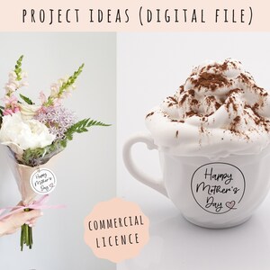 May include: A white mug with a white whipped cream topping and a brown cocoa powder sprinkle. The mug has a circle with the text "Happy Mother's Day" in black script. A bouquet of white and pink flowers with a tag that says "Happy Mother's Day" is also shown.