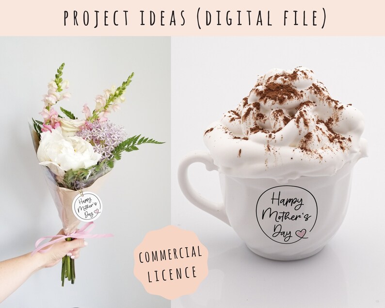 May include: A white mug with a white whipped cream topping and a brown cocoa powder sprinkle. The mug has a circle with the text "Happy Mother's Day" in black script. A bouquet of white and pink flowers with a tag that says "Happy Mother's Day" is also shown.