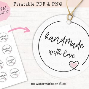 May include: Printable set of 10 round stickers with the text "handmade with love" in black script with a pink heart. The stickers are on a white background.