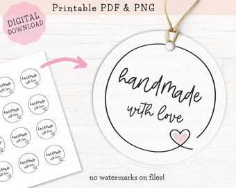 Printable Tags for Handmade Items, Handmade with Love Tags Download, Handmade Sticker PNG PDF, Handmade Business Cards, Round Tags 2" x 2"