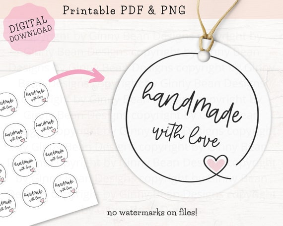Printable Tags for Handmade Items, Handmade With Love Tags Download,  Handmade Sticker PNG PDF, Handmade Business Cards, Round Tags 2 X 2 