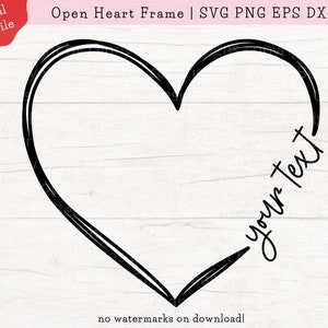 May include: A black and white outline of an open heart frame with the text "your text" written inside the frame.