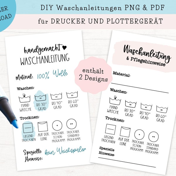 Waschanleitung deutsch, Pflegehinweise deutsch, Druckvorlage DIY, zum Ausdrucken, Digitaler Download, Drucken dann Schneiden, PDF & PNG