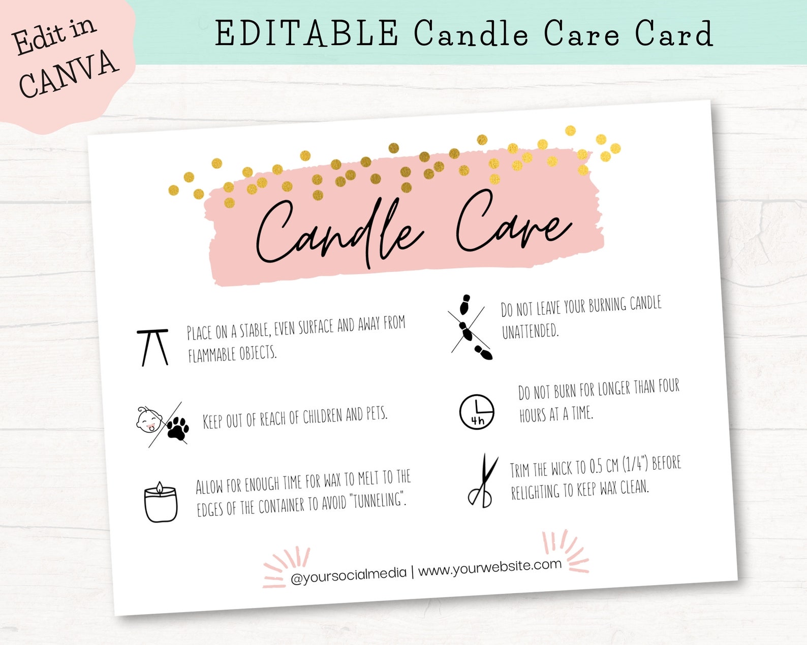 EDITABLE Candle Care Card Candle Care Template Canva Boho Candle Care 