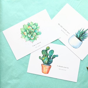 Ansichtkaarten met aquarel succulent woordspeling | Liefdesspelletjes | Cactus, zebraplant, Echeveria Colorata | Set van 7 (4,5 x 6,25 inch)